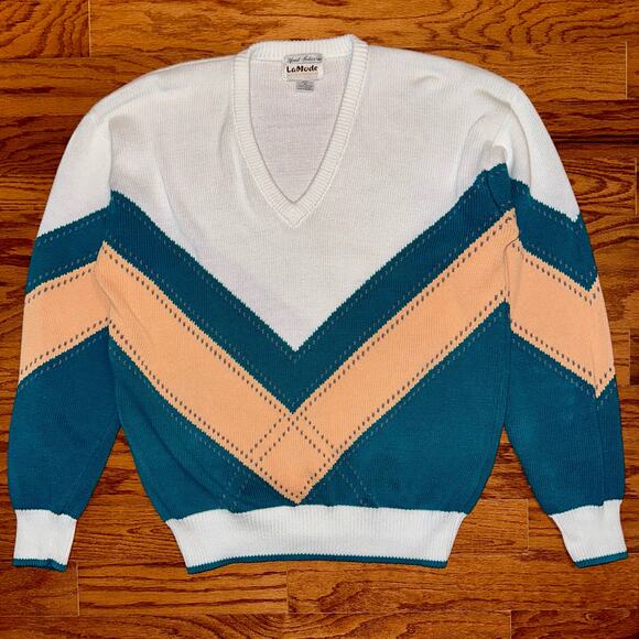 Vintage 80s La Mode Hand Knit Mens Sweater Size Medium - Picture 7 of 11
